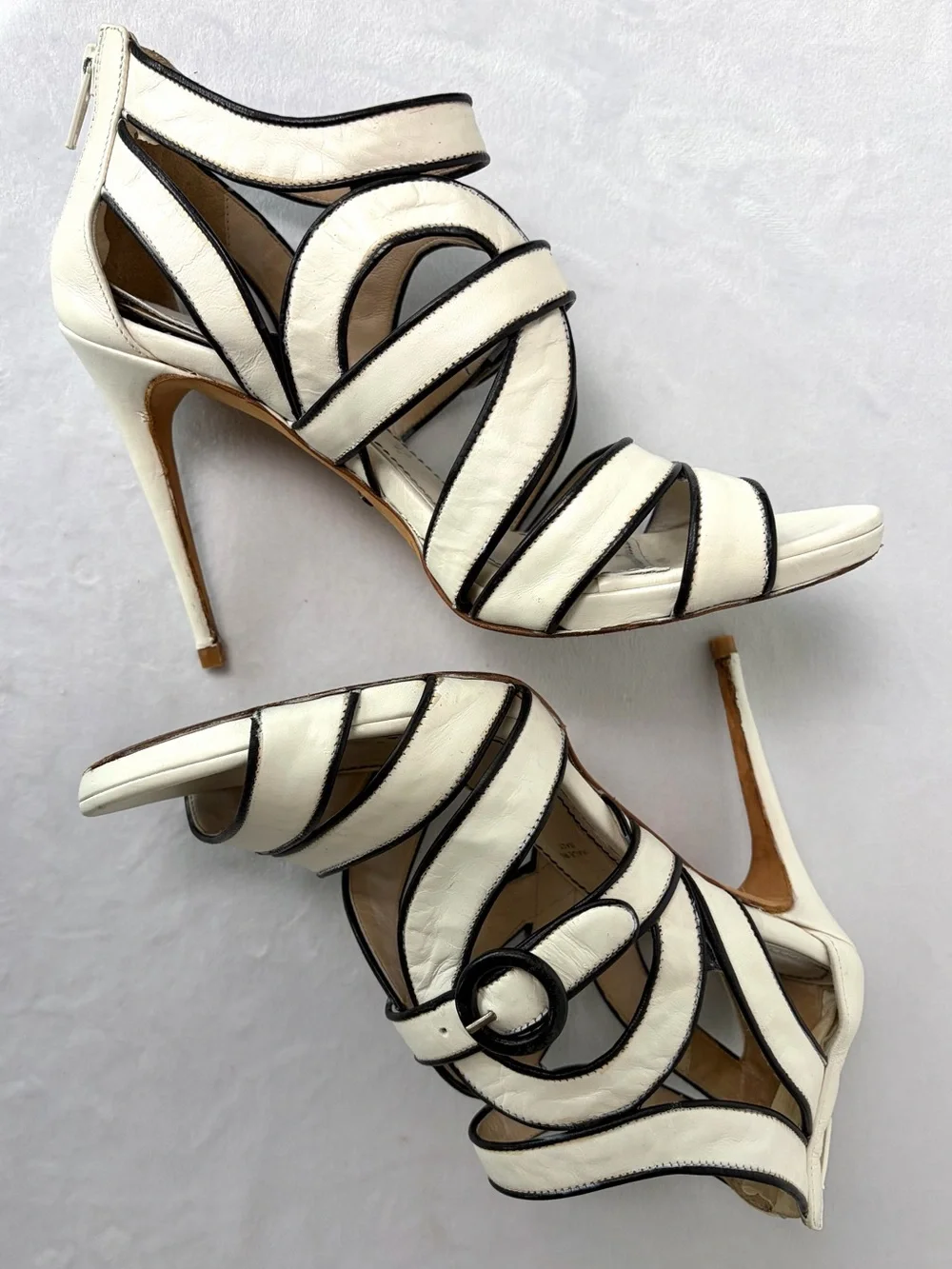 Jerome C Rousseau strappy leather high heels, buckle, black/white, EUC, 36.5